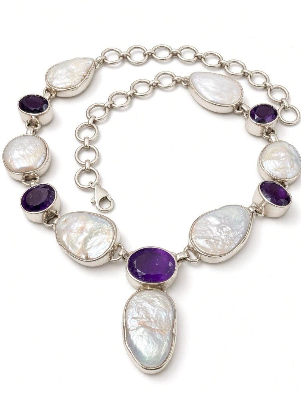 Handmade Mother of Pearl and Natural Amethyst necklace in 925 Sterling silver